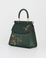 Robin Love Embroidered Green Satin Tote