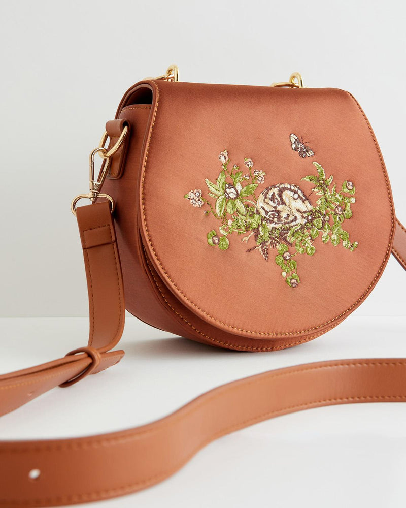 Sleepy Fawn Embroidered Satin Saddle Bag