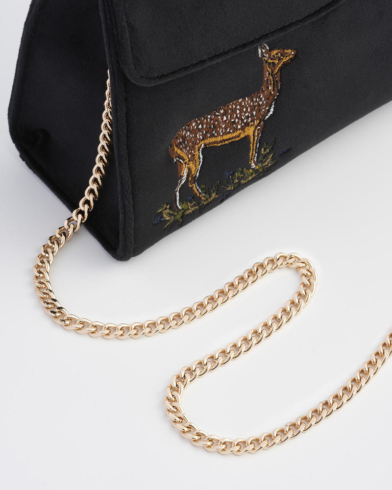 Deer & Moon Embroidered Black Velvet Tote