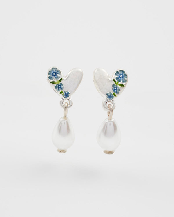 Forget Me Not Heart & Pearl Silver Earrings
